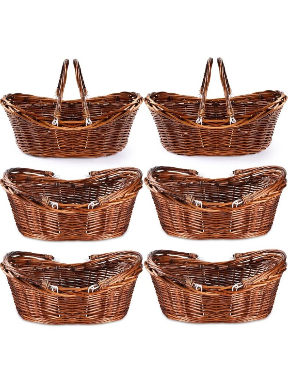 Set of 6 Wicker Picnic Baskets with Handles - Dark Brown, Perfect for Outdoor